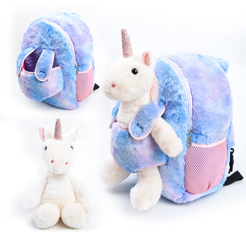 Funday Unicorn Kids Backpack with Removable Wheels - Little Kids Luggage Backpack with Stuffed Animal Toy Unicorn for Toddler Boys and Girls
