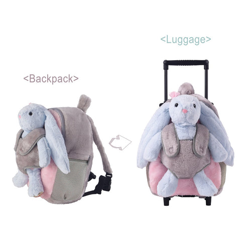 Funday 3-Way Toddler Backpack with Removable Wheels - Little Kids Luggage Backpack with Stuffed Animal Toy Light Blue Rabbit for Toddler Boys and Girls